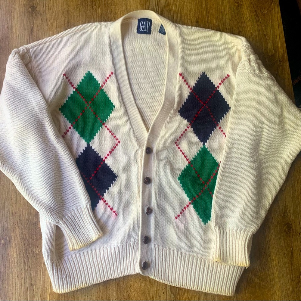 Vintage Gap Cardigan Sweater Womens Large Cream Argyle Chunky Knit Preppy